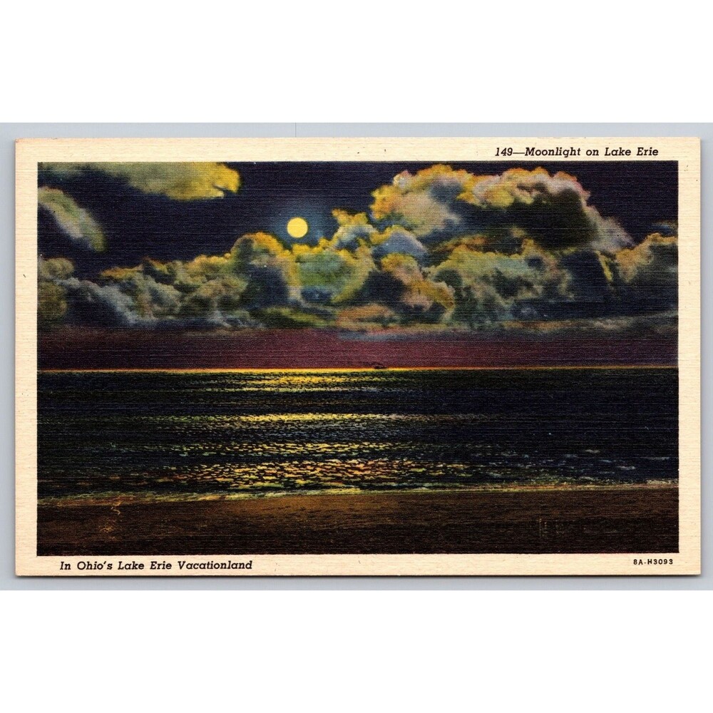 Postcard Ohio Lake Erie Moonlight on Lake Vacationland Full Moon Unposted c1940s